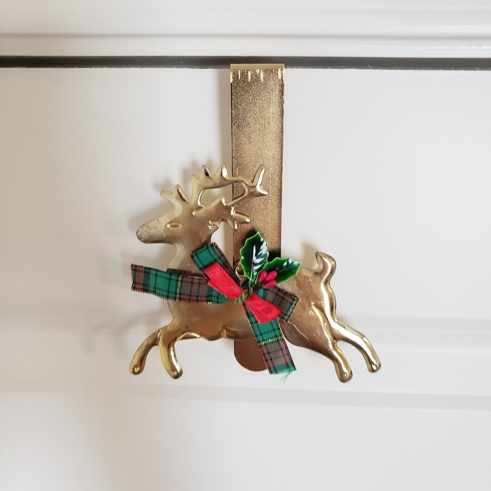 Vintage Reindeer Christmas Wreath Hanger Metal Gold Brass Tone